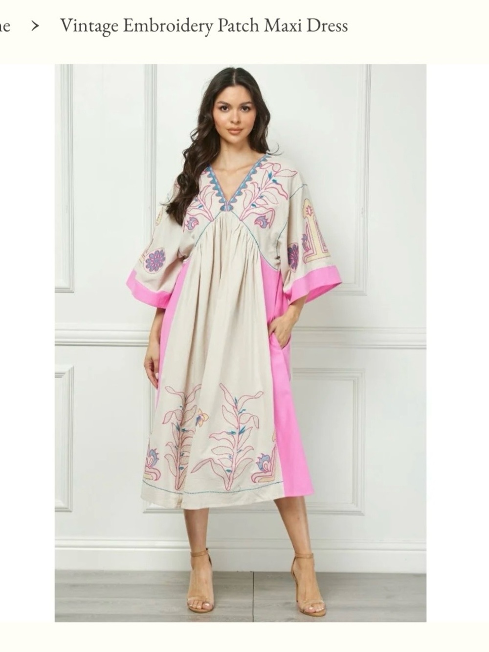 Veveret Women’s Size Medium Pink, Blue and Beige Maxi Embroidery Patch Dress
